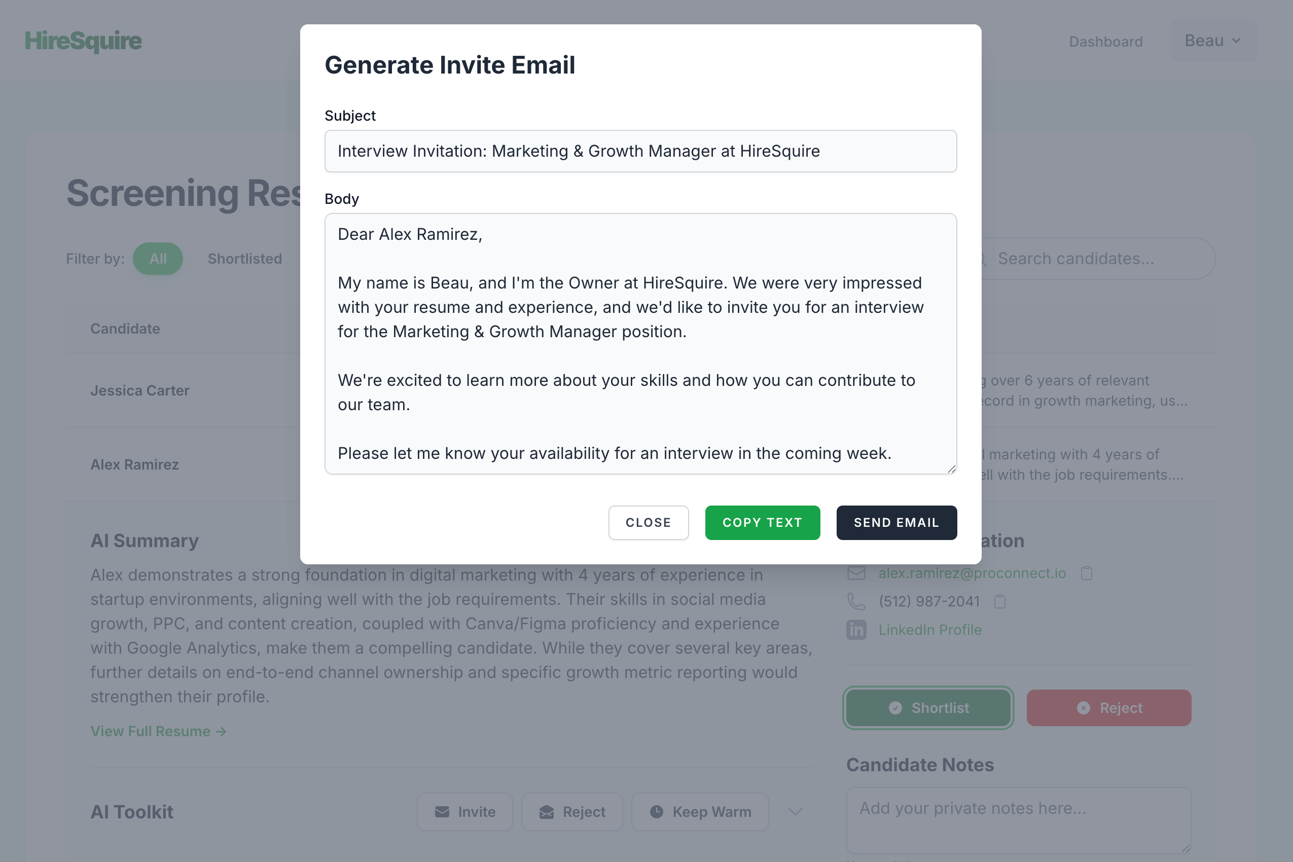 A modal showing a generated interview invitation email